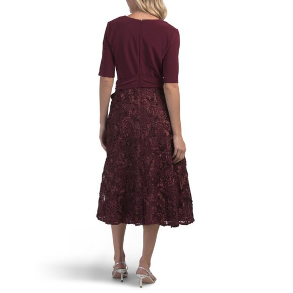 ALEX EVENINGS Merlot Rosette Tea Length Party Dress - Picture 2 of 2